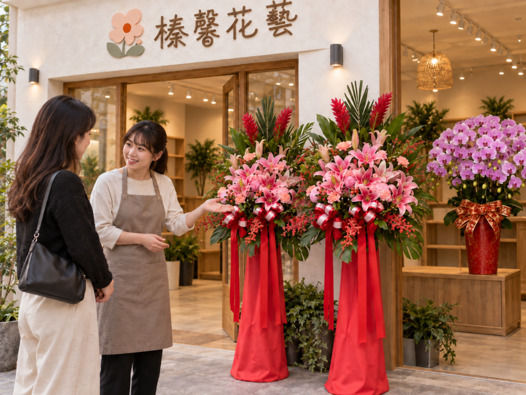 花藝師與顧客討論送花用途，旁邊展示粉色百合花籃與蘭花的情境示意