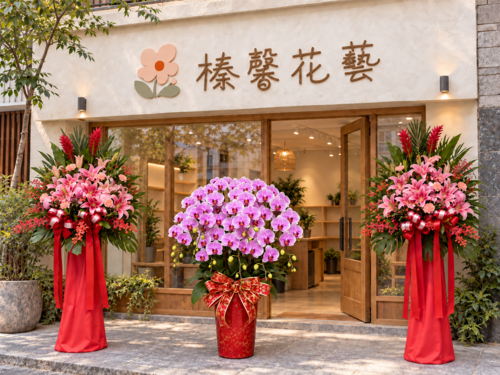 紅色高架百合花籃與粉紫色蝴蝶蘭展示，供挑選花禮款式的情境示意