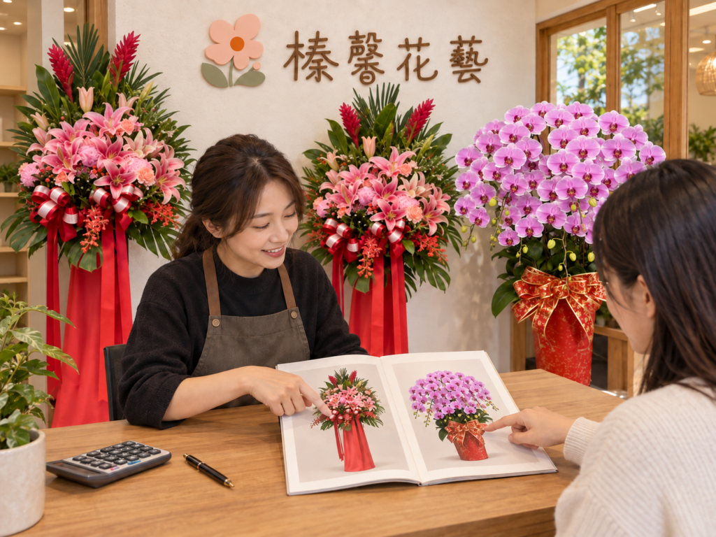 花藝師與顧客參考花籃蘭花型錄及計算機，討論款式與預算的情境示意