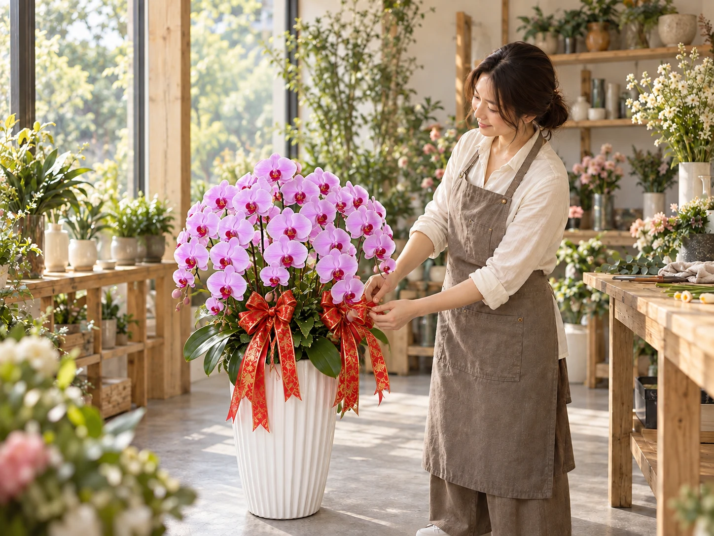 花藝師在花店內整理蘭花花禮與緞帶，確認盆器與花材比例