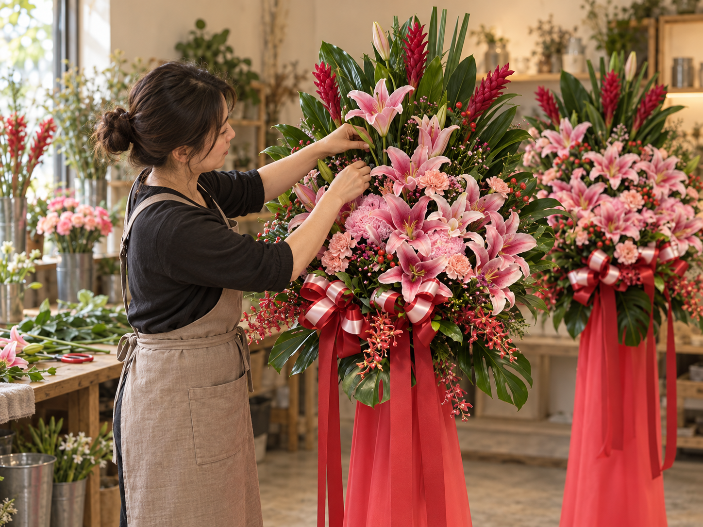 花藝師整理粉色百合與紅色緞帶高架花籃的情境示意