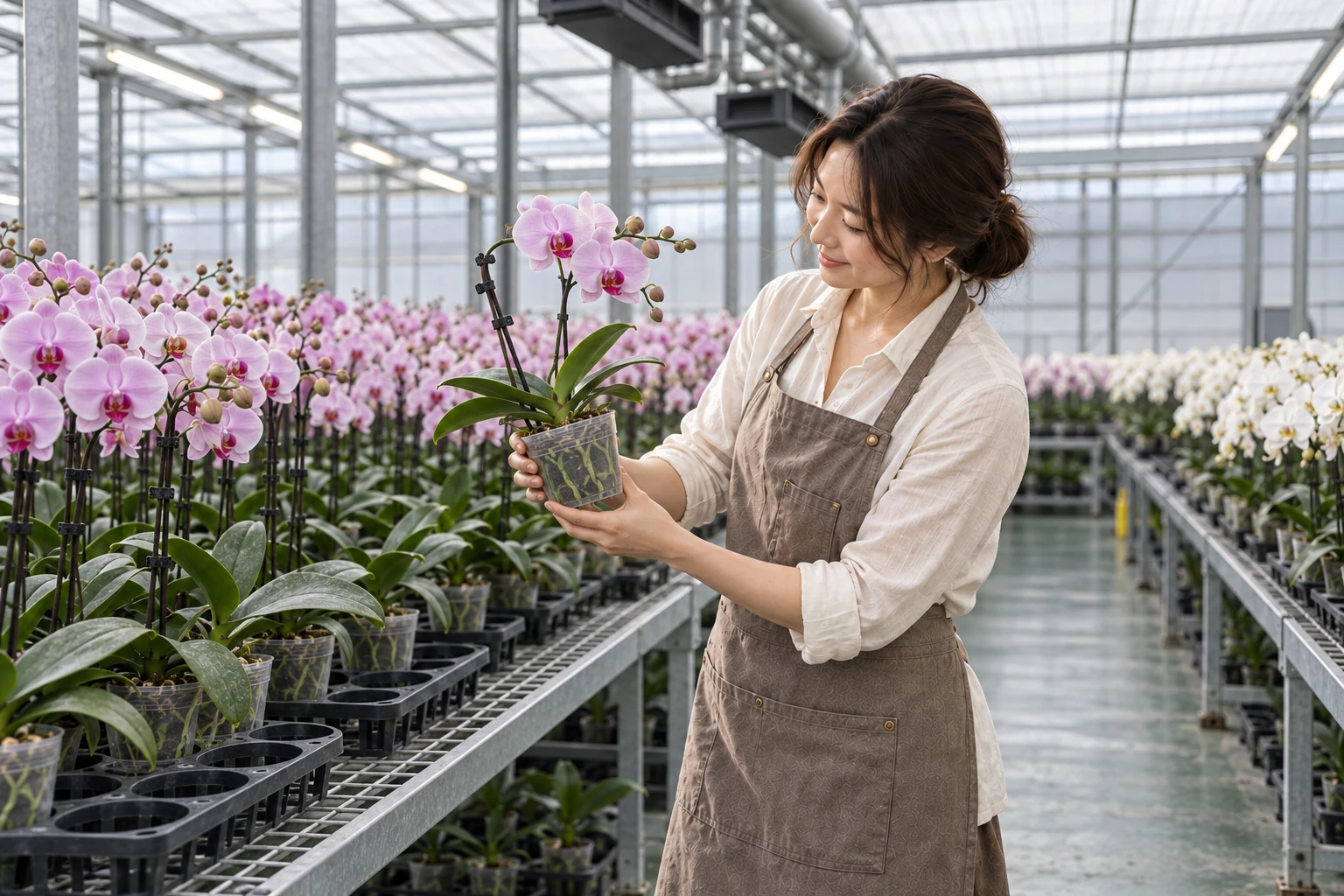 花藝師在蘭園內檢查單株蝴蝶蘭的花況與植株狀態