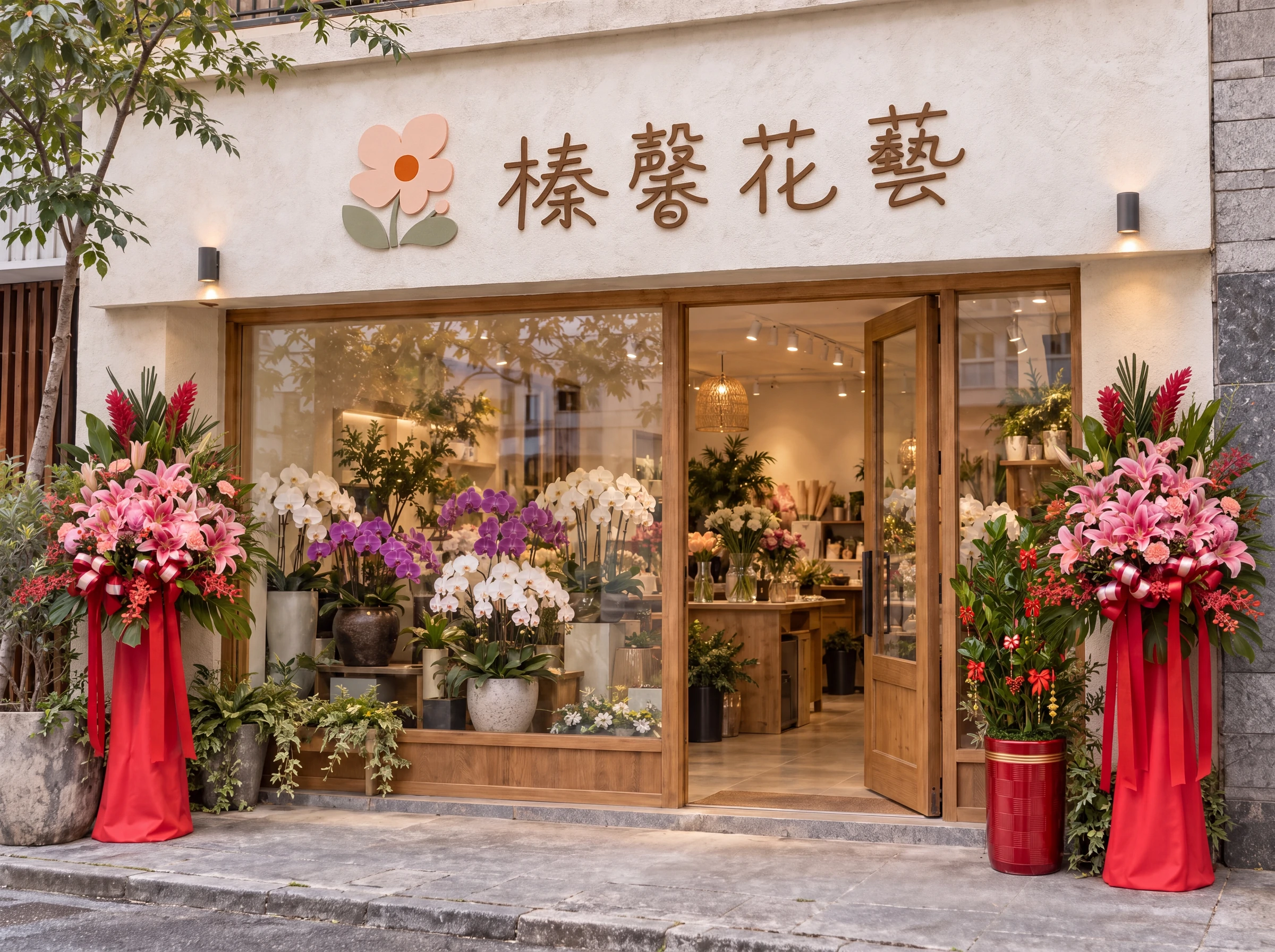 榛馨花藝店面形象，淡橘招牌、紅色祝賀花籃與金錢樹