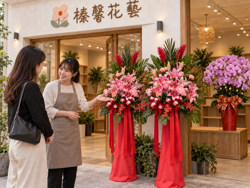 花藝師與顧客討論送花用途，旁邊展示粉色百合花籃與蘭花的情境示意